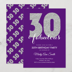 Silver Purple Glitter 30 & Fabulous Birthday Invitation