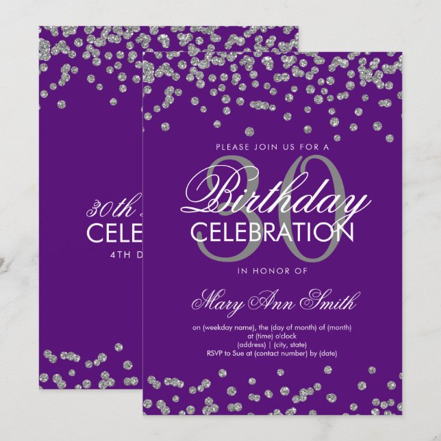 Silver Purple Glitter Confetti 30th Birthday Invitation (Front/Back)