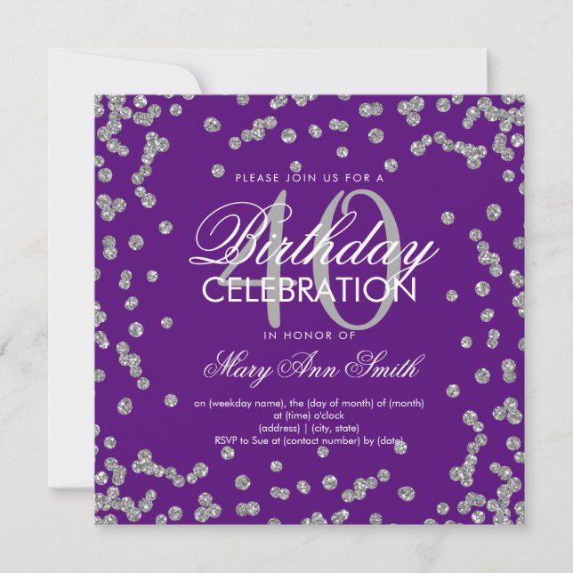Silver Purple Glitter Confetti 40th Birthday Invitation (Front)