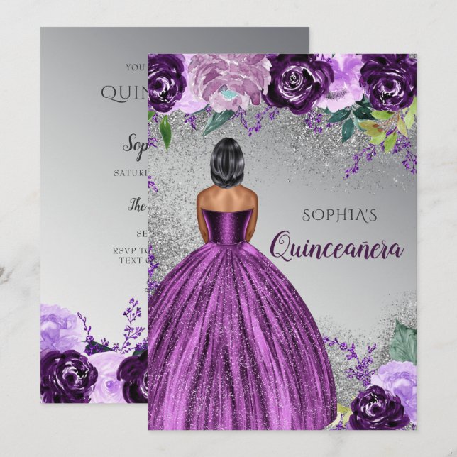 Silver Purple Glitter Dress Quinceañera Quince  Invitation (Front/Back)