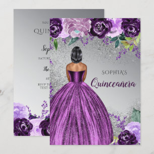 Silver Purple Glitter Dress Quinceañera Quince Invitation