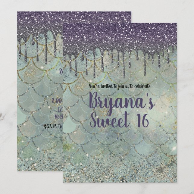 Silver Purple Glitter Drip Mermaid Sweet 16 Party Invitation (Front/Back)