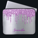 Silver purple glitter drip name girly laptop sleeve<br><div class="desc">An elegant,  girly and glam ipad case. Purple faux glitter drip,  paint drip.  Chic faux silver metallic looking background. Insert your name,  written with a modern hand lettered style script.  Purple coloured letters.</div>