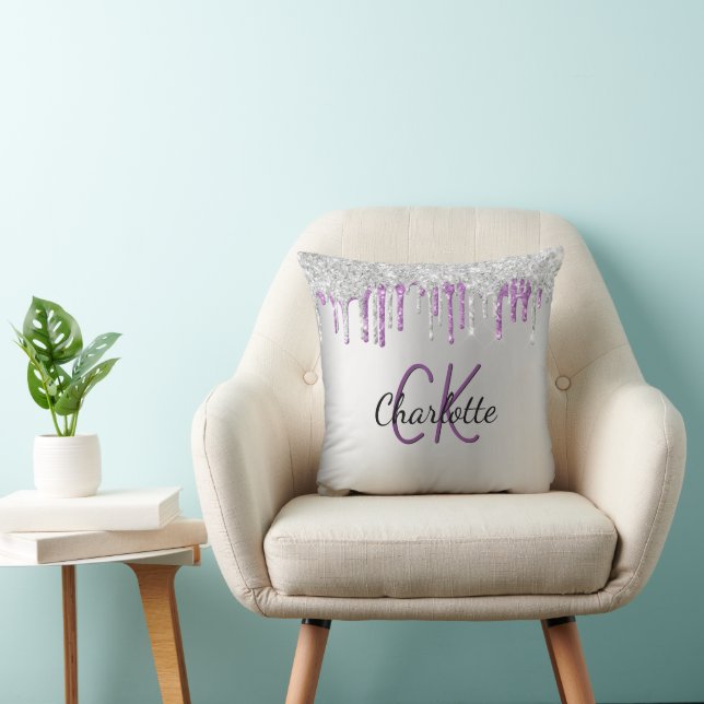 Silver purple glitter drips monogram name cushion (Chair)