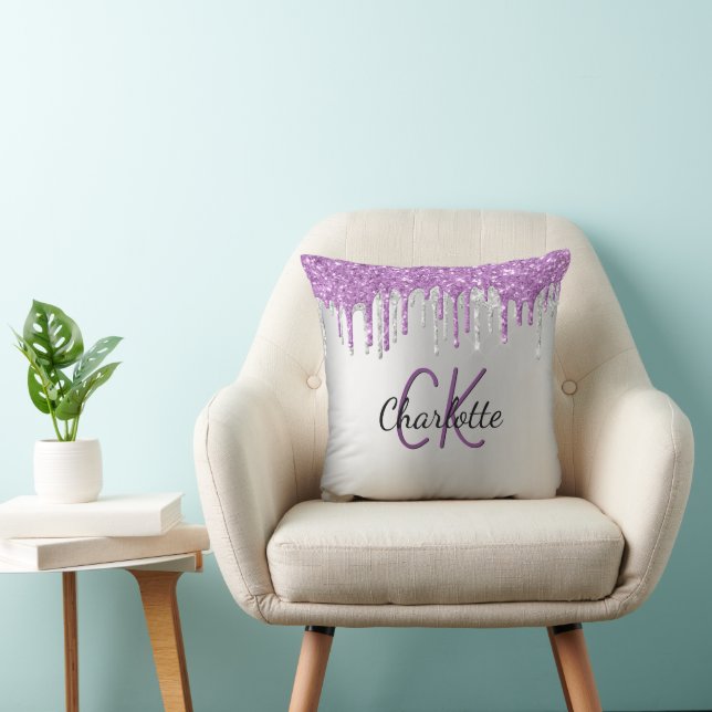 Silver purple glitter drips monogram name cushion (Chair)