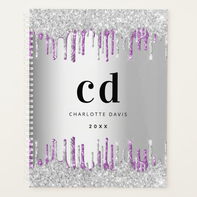 Silver purple glitter drips monogram planner (Front)