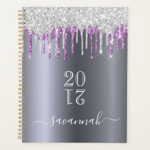 Silver purple glitter drips name planner