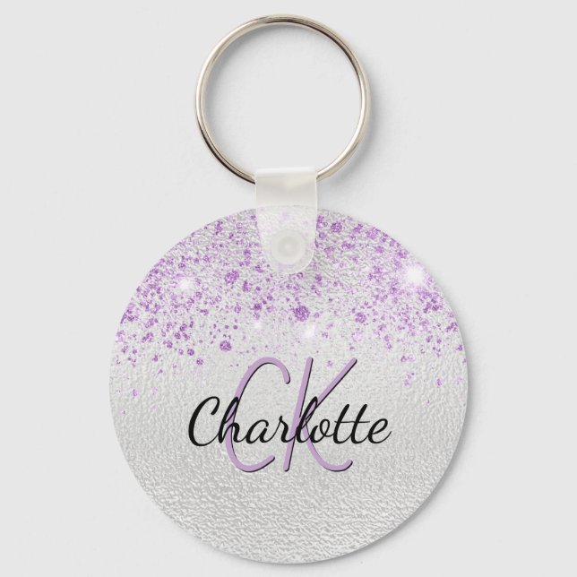 Silver purple glitter dust custom monogram key ring (Front)