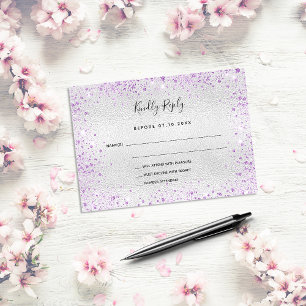 Silver purple glitter elegant wedding RSVP Card
