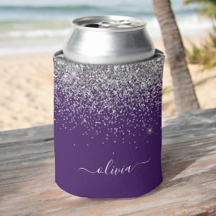 Silver Purple Glitter Girly Monogram Name Can Cooler