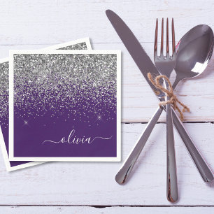 Silver Purple Glitter Girly Monogram Name Napkin