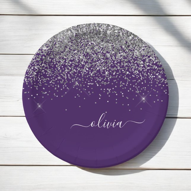 Silver Purple Glitter Girly Monogram Name Paper Plate (Creator Uploaded)