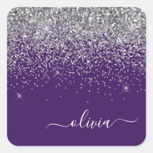 Silver Purple Glitter Girly Monogram Name Square Sticker