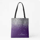 Silver Purple Glitter Girly Monogram Name Tote Bag