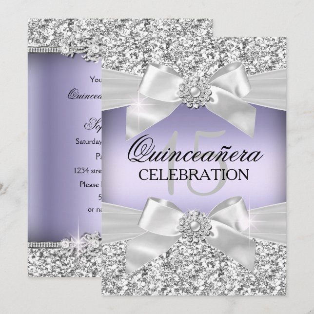 Silver Purple Glitter Jewel Bow Quinceanera Invitation (Front/Back)