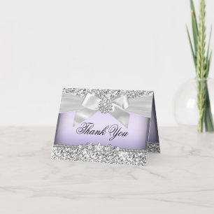 Silver Purple Glitter & Jewel Bow Thank You Card