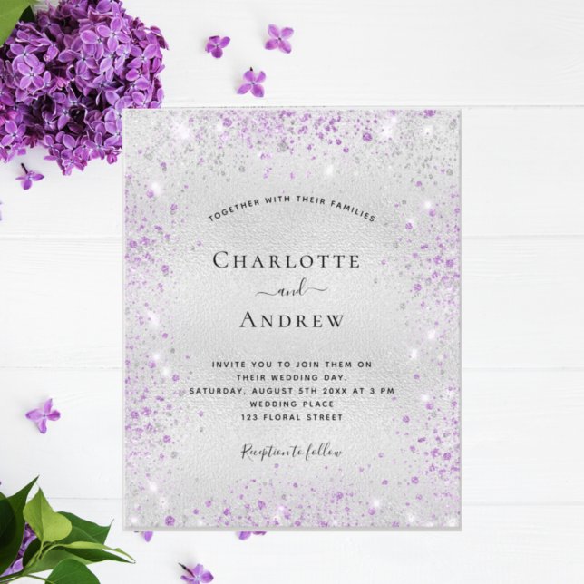 Silver purple glitter metal elegant wedding invitation postcard (Creator Uploaded)