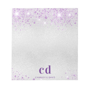 Silver purple glitter metal monogram initials name notepad