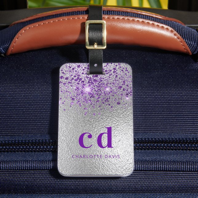 Silver purple glitter monogram initials luggage tag (Front Insitu 2)