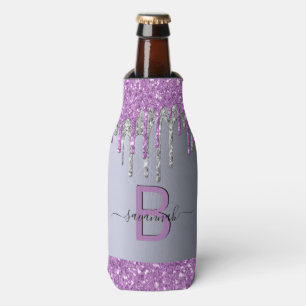 Silver purple glitter monogram name birthday bottle cooler