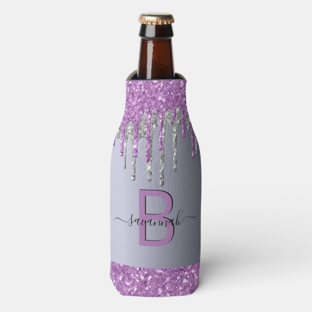 Silver purple glitter monogram name birthday bottle cooler (Bottle Front)