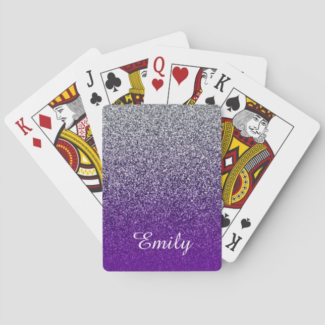 Silver Purple Glitter Ombre Personalised Playing Cards (Back)