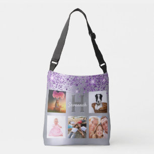 Silver purple glitter photo collage name crossbody bag