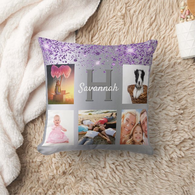 Silver purple glitter photo collage name cushion (Blanket)