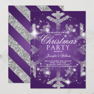 Silver Purple Glitter Snowflake Xmas Holiday Party Invitation