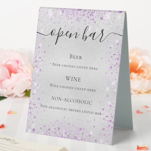 Silver purple glitter sparkles script bar menu (In SItu (Wedding))