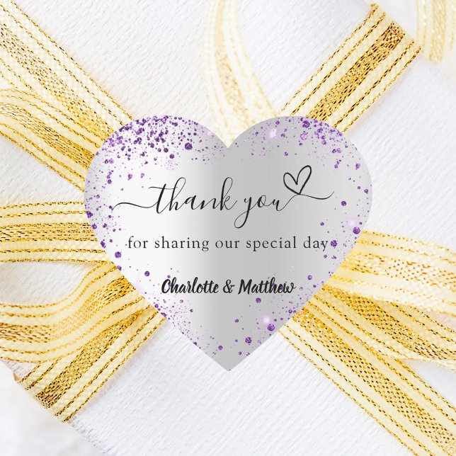 Silver purple heart thank you wedding heart sticker (Creator Uploaded)