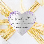 Silver purple heart thank you wedding sticker<br><div class="desc">A faux silver looking background,  decorated with faux purple glitter.  With the text: Thank you for sharing our special day,  with a small heart.   Personalise and add your names.</div>