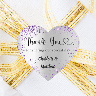 Silver purple heart thank you wedding sticker