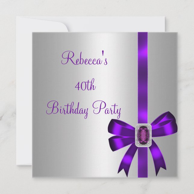 Silver Purple Jewel Bow 40th Elegant Birthday Invitation (Front)