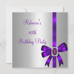 Silver Purple Jewel Bow 40th Elegant Birthday Invitation