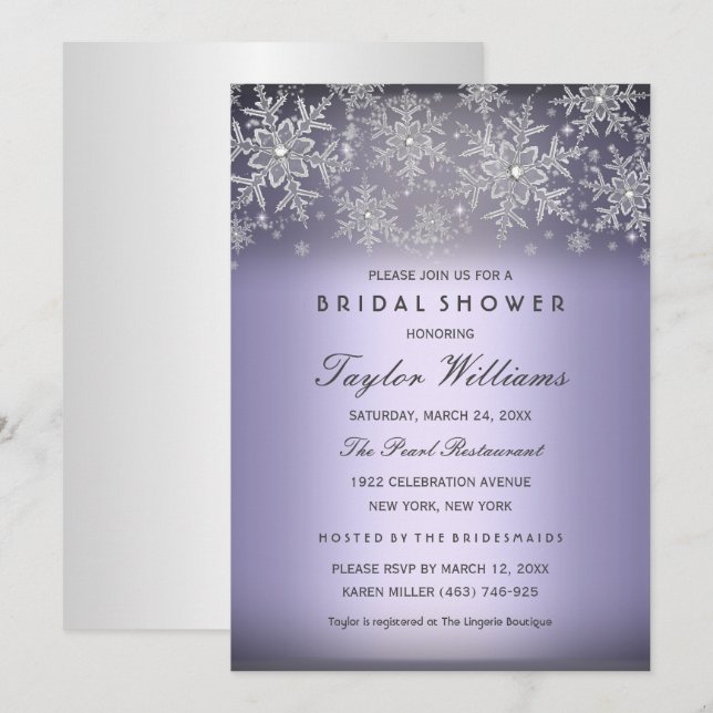 Silver Purple Jewel Snowflake Bridal Shower Invite (Front/Back)