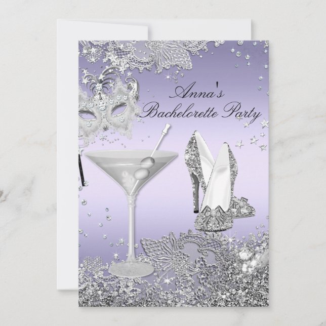 Silver Purple Mask & Jewel Lace Bachelorette Party Invitation (Front)