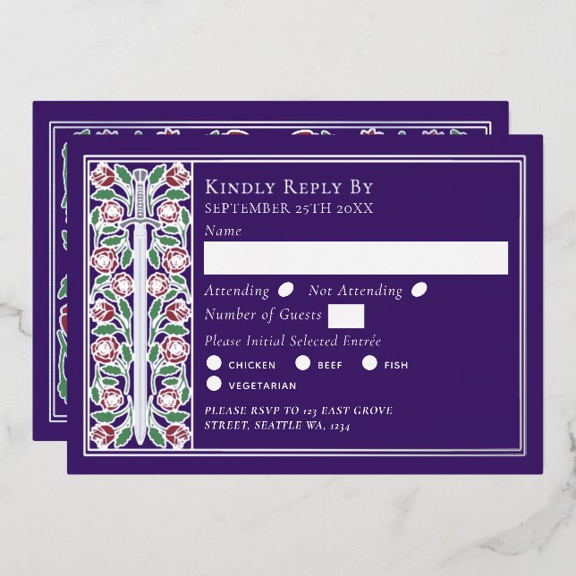Silver Purple Mediaeval Floral Sword Wedding RSVP (Front/Back)