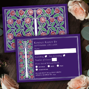 Silver Purple Mediaeval Floral Sword Wedding RSVP Card