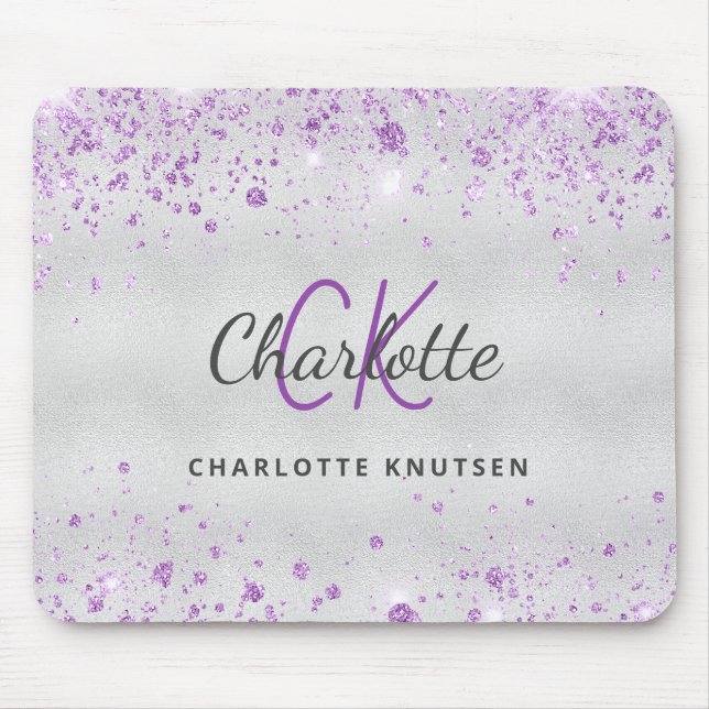 Silver purple monogram name mouse mat (Front)