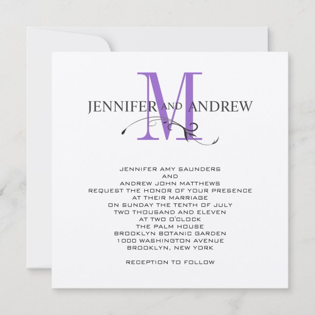Silver Purple Monogram Wedding Invitations Swirl (Front)