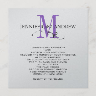 Silver Purple Monogram Wedding Invitations Swirl