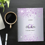 Silver purple name monogram 2025 planner<br><div class="desc">A faux silver looking background decorated with purple sparkles. Personalize and add your first name,  monogram initials,  full name and a year.</div>