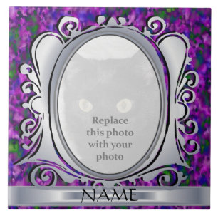 Silver Purple Oval Photo Frame with Name Tile