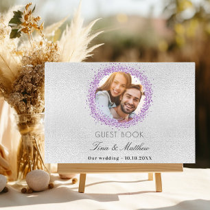 Silver purple photo sparkles elegant wedding guest book