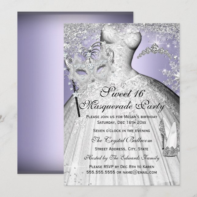 Silver & Purple Princess Masquerade Sweet 16 Invitation (Front/Back)