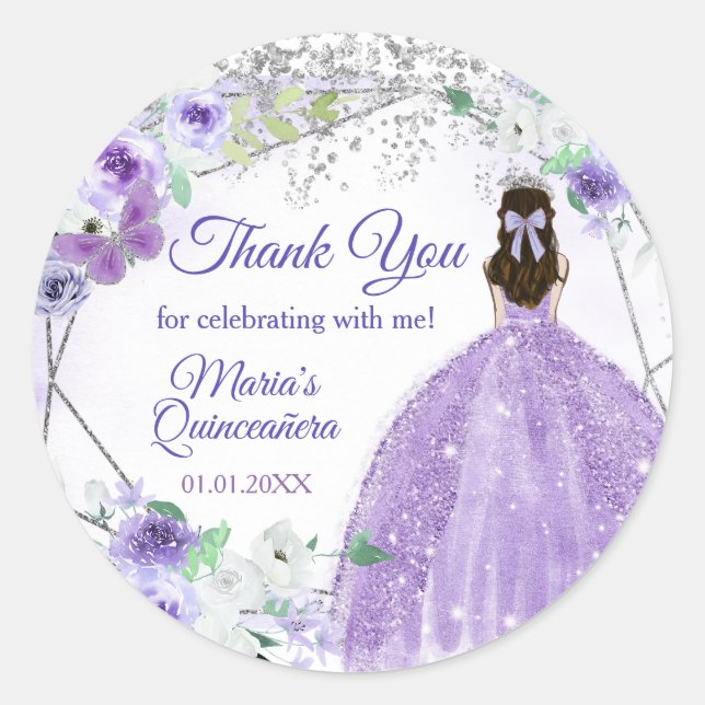 Silver Purple Quinceañera 15 Anos  Classic Round Sticker (Front)