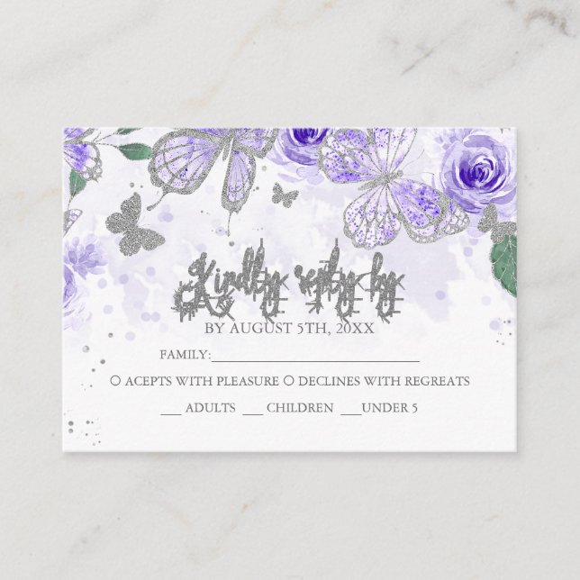 Silver Purple Quinceanera Butterfly Budget RSVP Enclosure Card (Front)