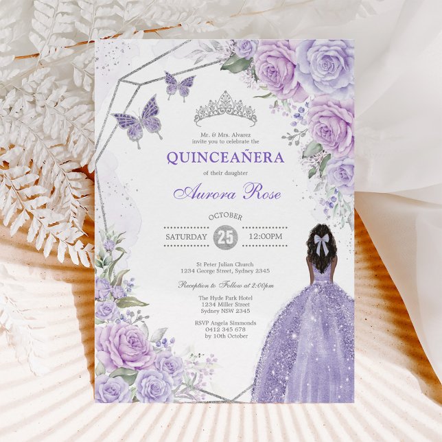 Silver Purple Quinceañera Butterfly Princess Party Invitation (Creator Uploaded)