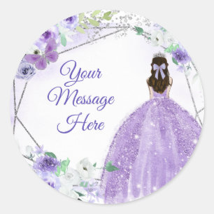 Silver Purple Quinceañera Your Message Here Classic Round Sticker